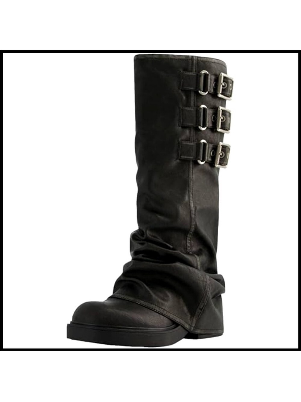 Slouchy Knee High Boots Chunky Platform Pull On Riding Biker Style